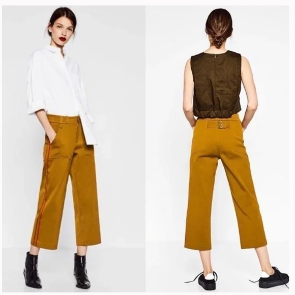 Zara Mustard Yellow Military Style Wide Leg Capri Red Stripe Denim Pants - Picture 1 of 6